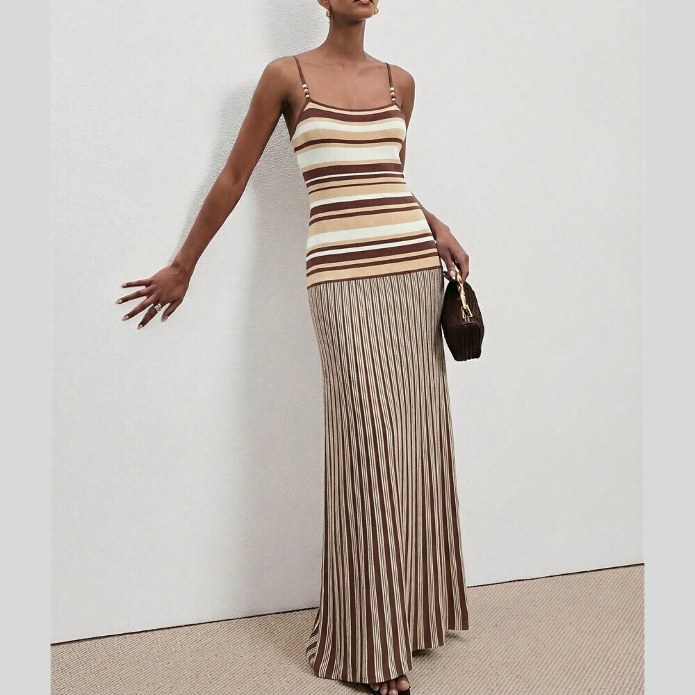 Brown And Tan Striped Knit Maxi Dress With Beaded Straps